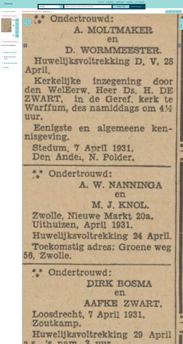 Volledige krantenpagina met het familiebericht — Nieuwsblad van het Noorden, 8 april 1931.